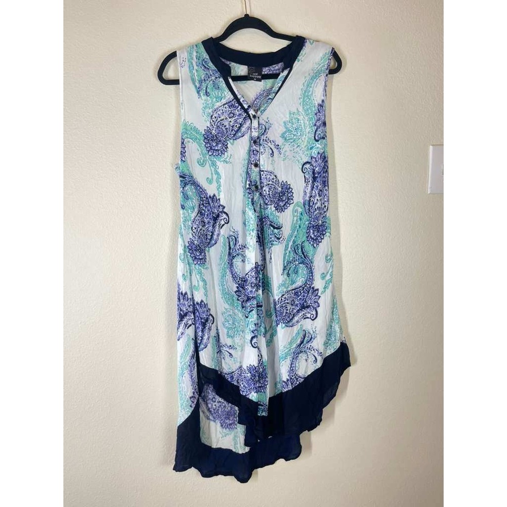Ace Fashion Womens 3X Paisley High-Low Sleeveless Tunic Dress Navy Teal White